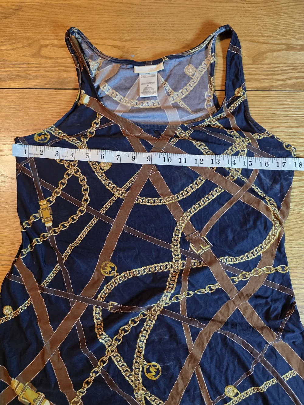 Michael Kors Navy Dress with Gold Chain & Brown Strap Print